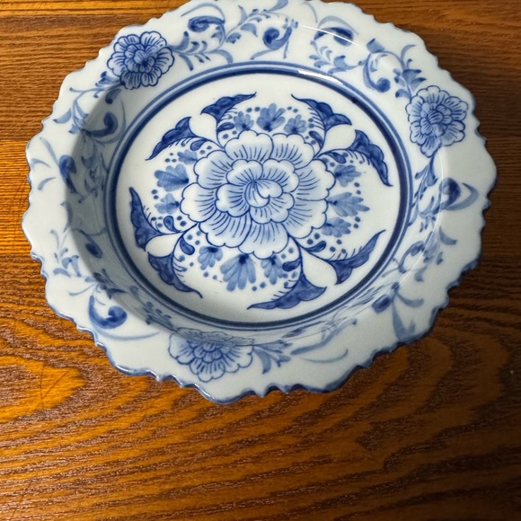 Flora Blue and White Floral Pedestal Bowl by Seymour Mann Inc. - Picture 2 of 7